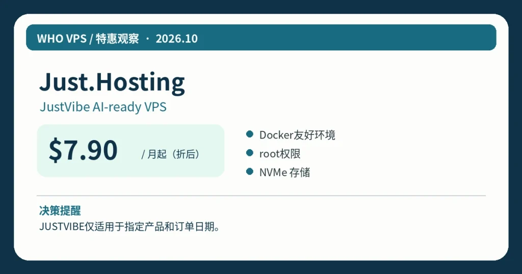 Just.HostingJustVibe AI-ready VPS:$7.90/月起(折后)、主要配置及活动限制信息图