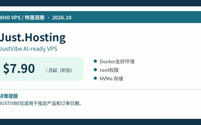 Just.HostingJustVibe AI-ready VPS：$7.90/月起（折后）、主要配置及活动限制信息图