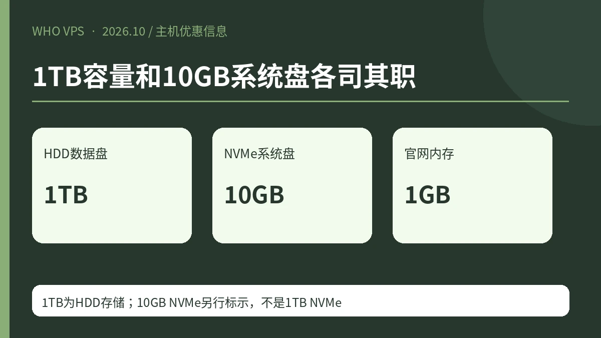 1TB容量和10GB系统盘各司其职;HDD数据盘 1TB、NVMe系统盘 10GB、官网内存 1GB