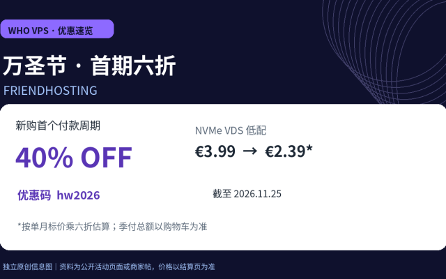 FriendHosting 2026万圣节折扣结构图：首期六折、月付示例和11月25日截止