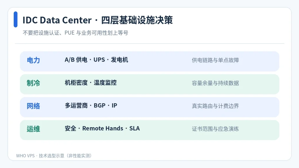 IDC 机房选型的电力、制冷、网络与运维四层决策图