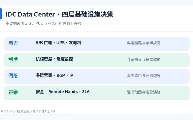 IDC 机房选型的电力、制冷、网络与运维四层决策图
