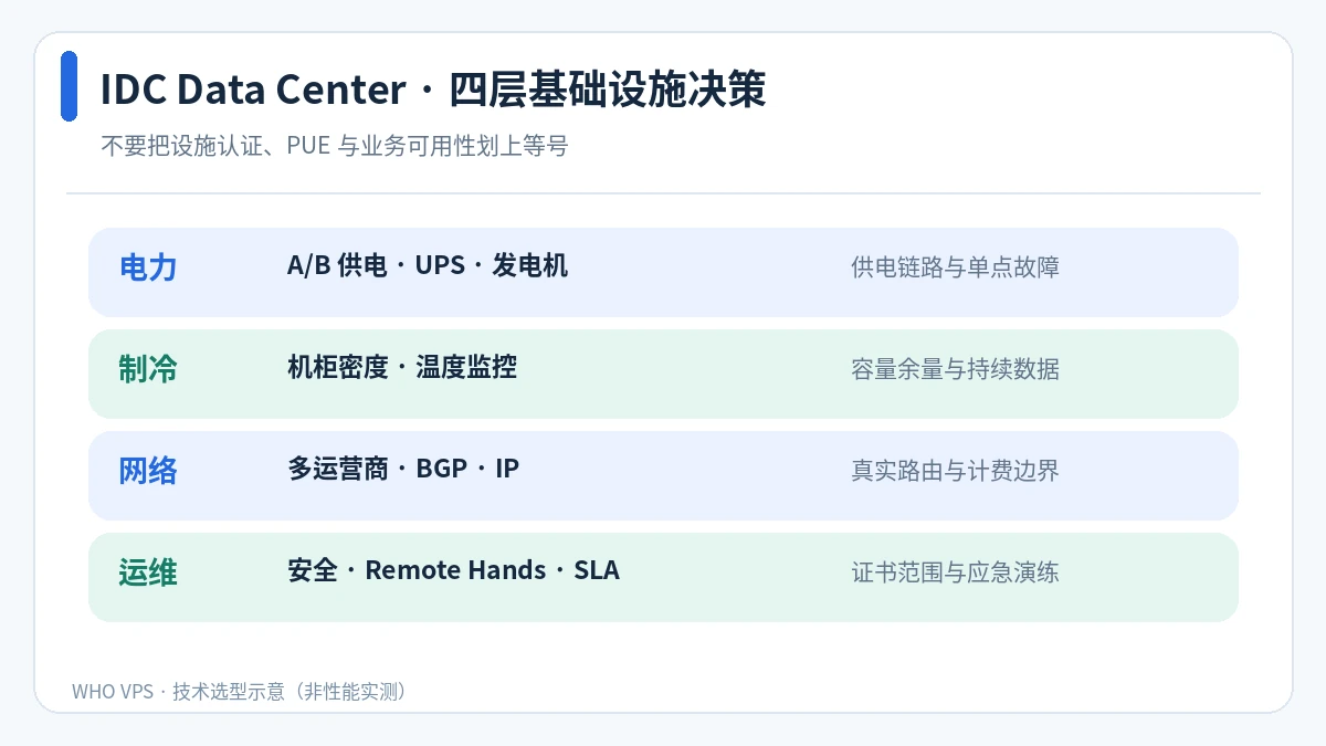 IDC 机房选型的电力、制冷、网络与运维四层决策图
