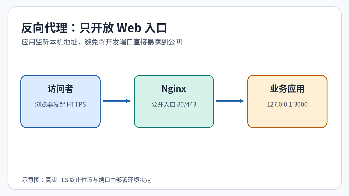 Nginx 反向代理流量示意：用户浏览器经 80/443 端口到 Nginx，再转发到 127.0.0.1:3000 应用