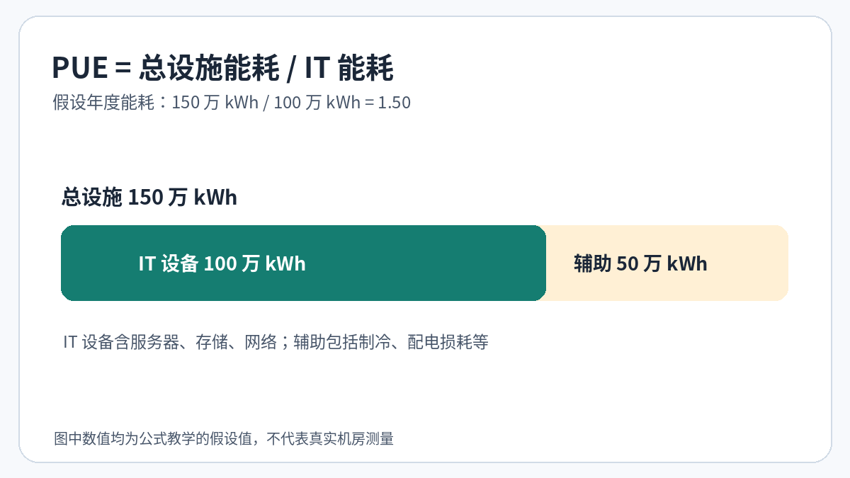 PUE 年度能耗算例:总设施 150 万 kWh 由 IT 设备 100 万与设施辅助 50 万构成,PUE 为 1.5