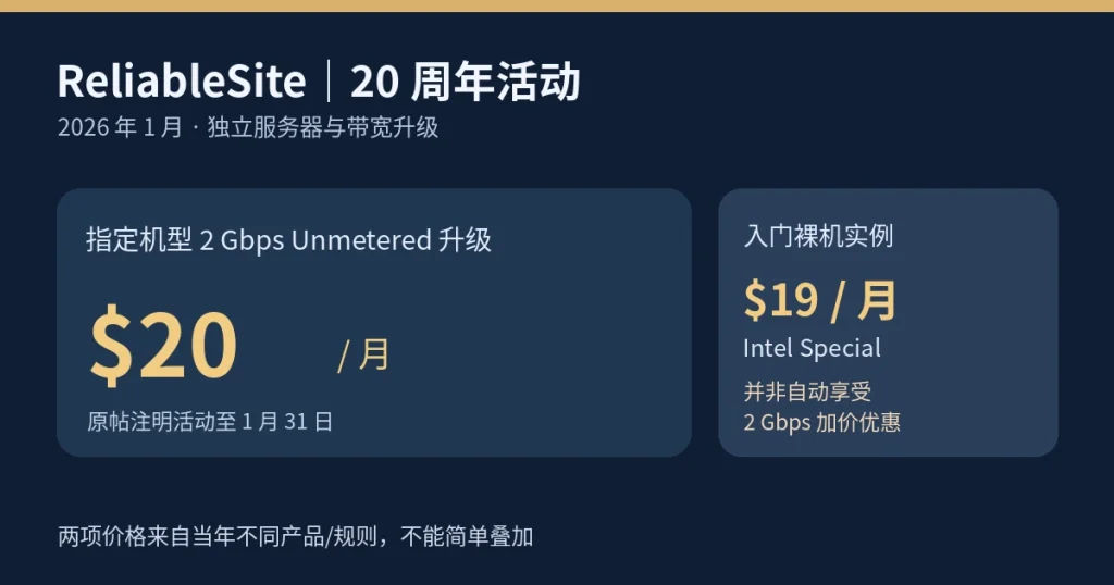 ReliableSite 20周年活动带宽升级价格与入门服务器售价对照