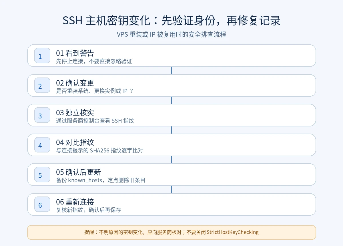 VPS SSH 主机密钥变化的六步安全排查流程图