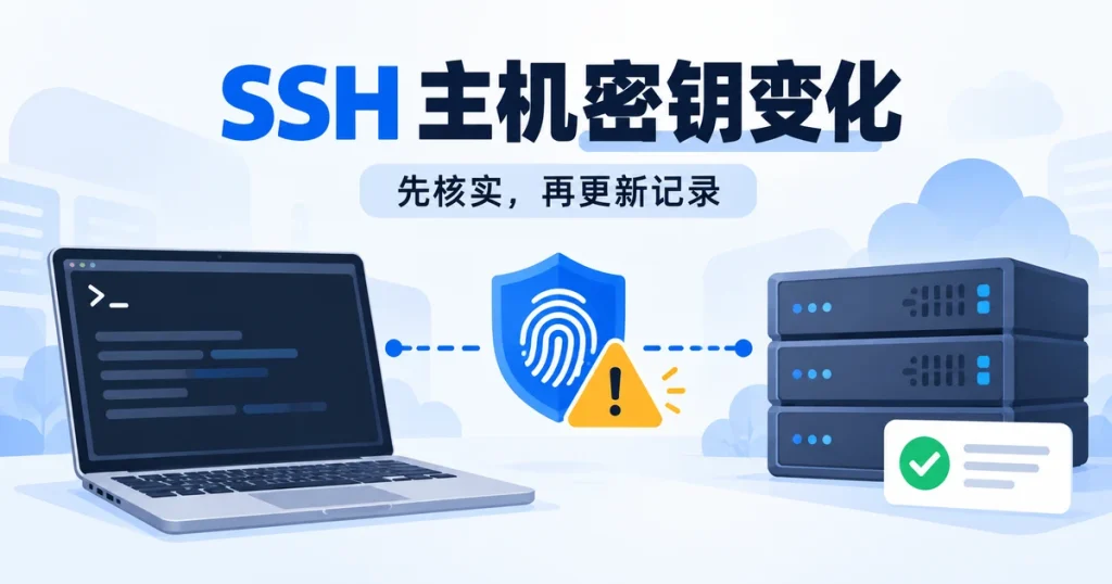 SSH 主机密钥变化安全核实示意:电脑、指纹盾牌与云服务器
