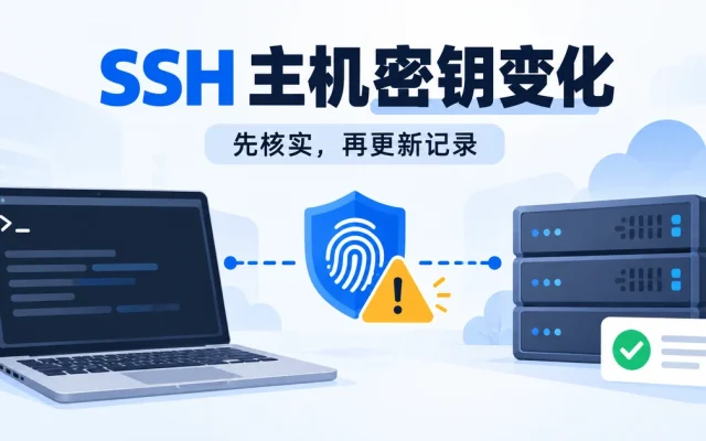 SSH 主机密钥变化安全核实示意：电脑、指纹盾牌与云服务器