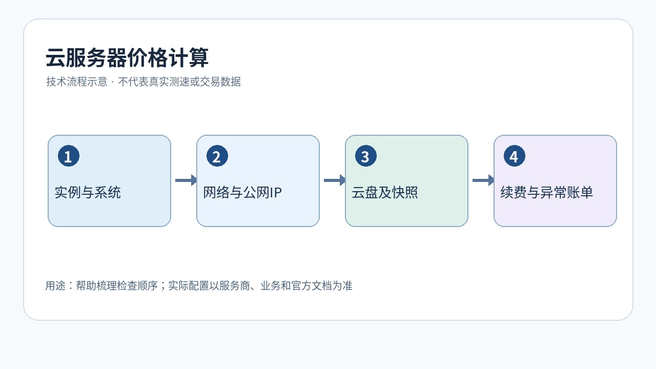 云服务器价格计算技术流程示意图,包含实例与系统、网络与公网IP、云盘及快照、续费与异常账单