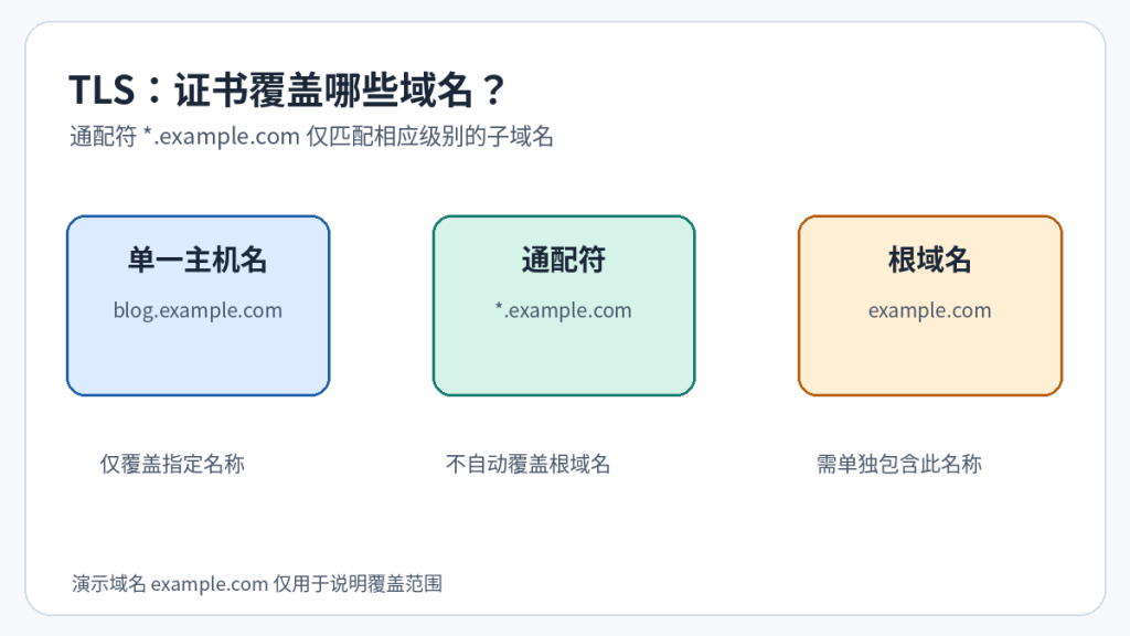 TLS 证书覆盖范围示意:单域名、通配符一级子域名以及额外的根域名名称