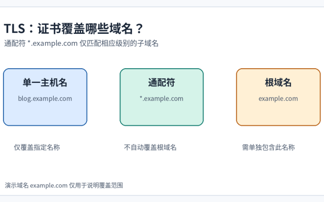 TLS 证书覆盖范围示意：单域名、通配符一级子域名以及额外的根域名名称