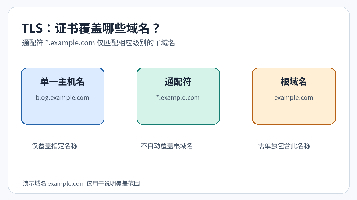 TLS 证书覆盖范围示意:单域名、通配符一级子域名以及额外的根域名名称