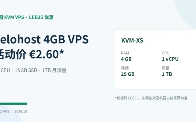 Velohost KVM-XS 4GB 套餐及优惠条件