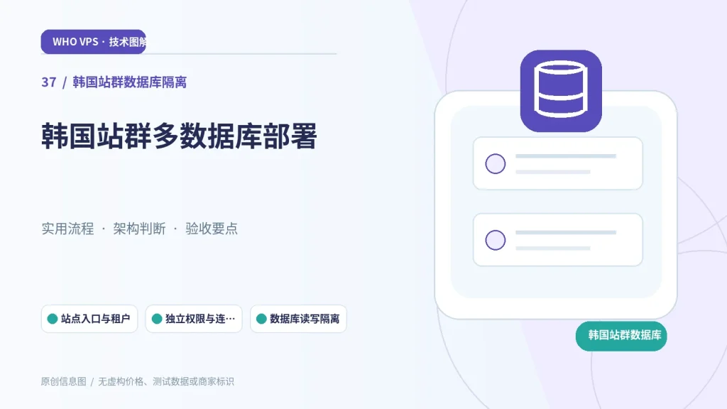 韩国站群数据库隔离:主题特色图。站点入口与租户、独立权限与连接池、数据库读写隔离、一致性备份