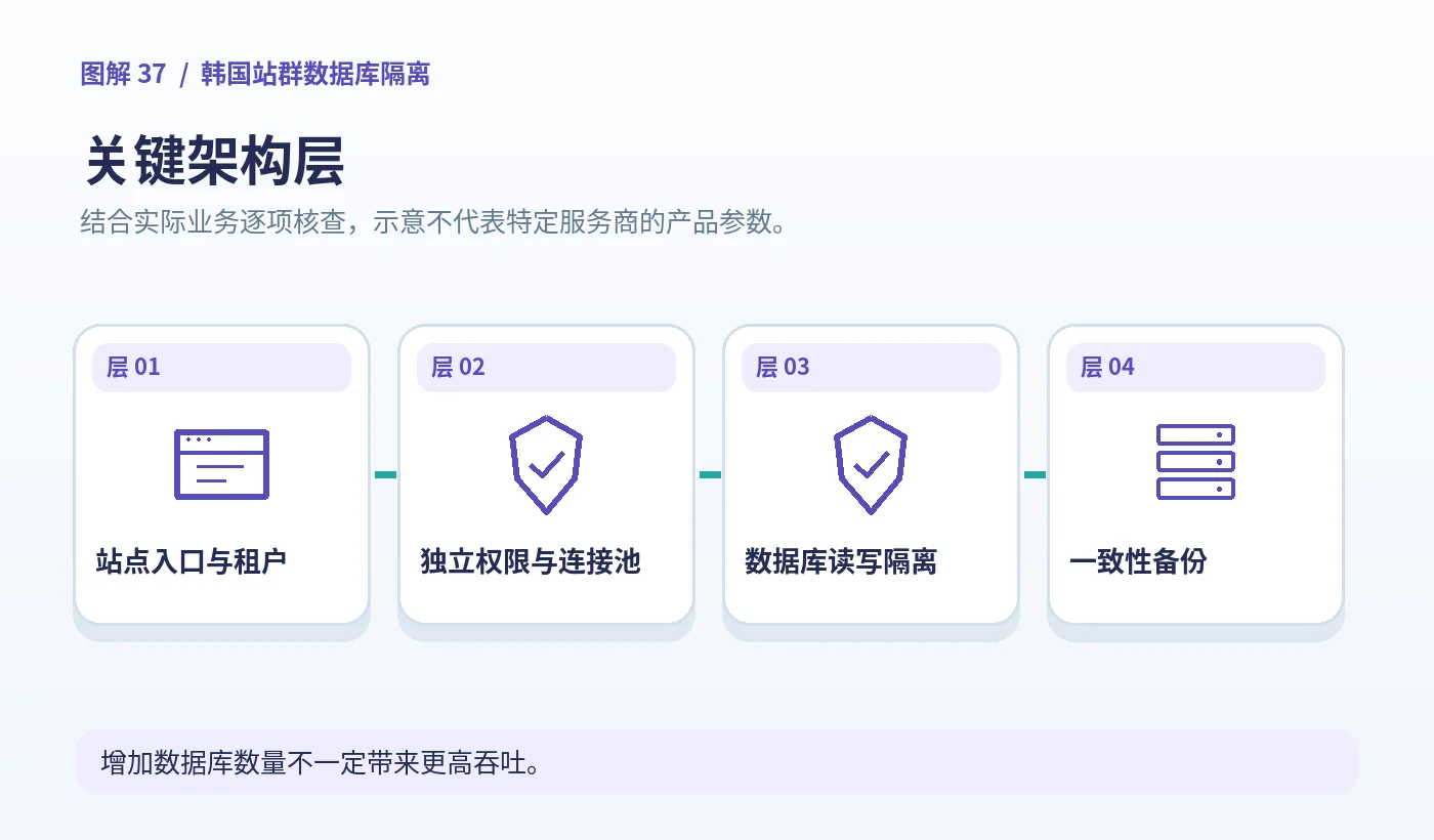 韩国站群数据库隔离:技术架构/流程图。站点入口与租户、独立权限与连接池、数据库读写隔离、一致性备份