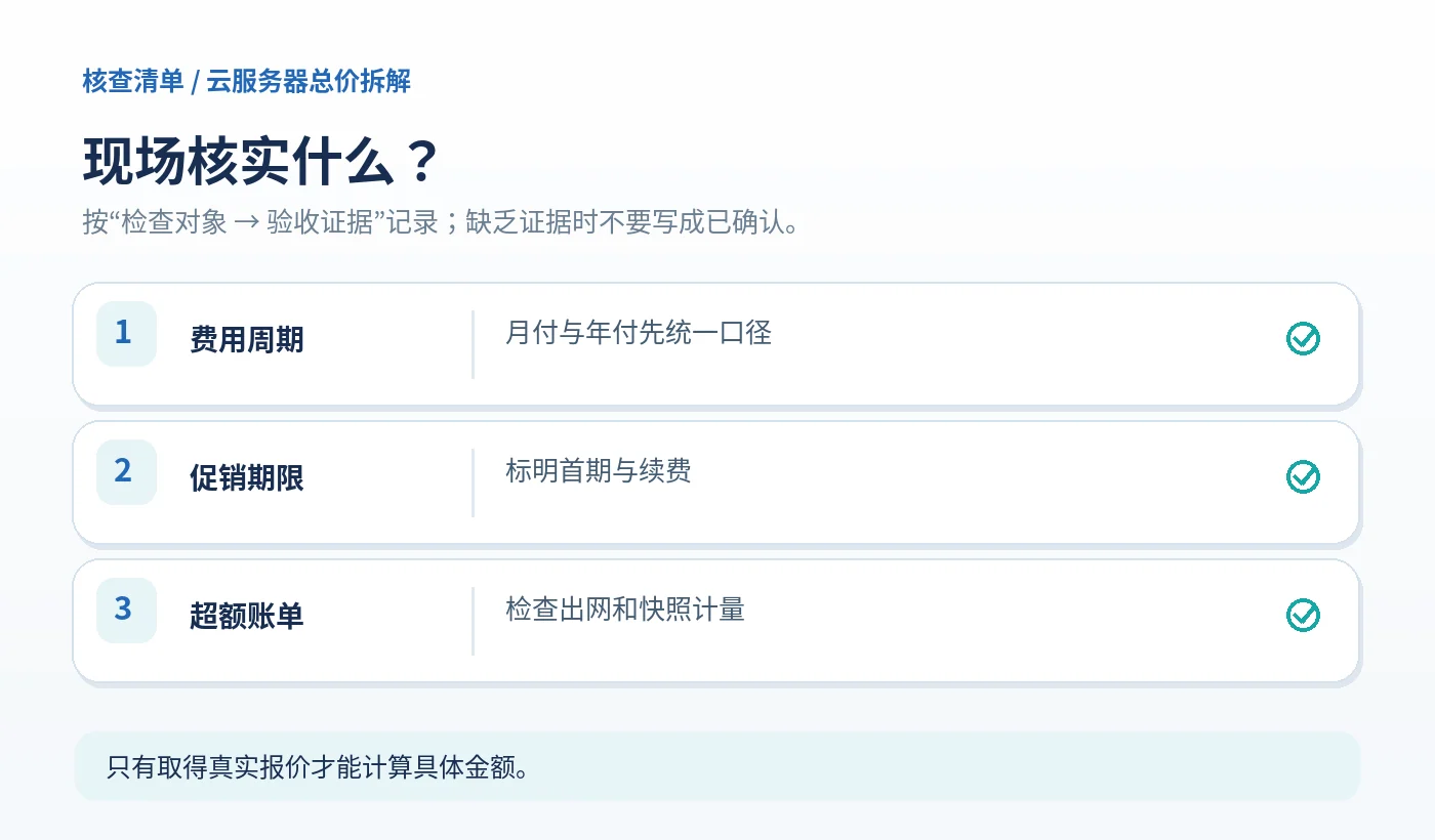 云服务器总价拆解:验收核查清单。费用周期、促销期限、超额账单