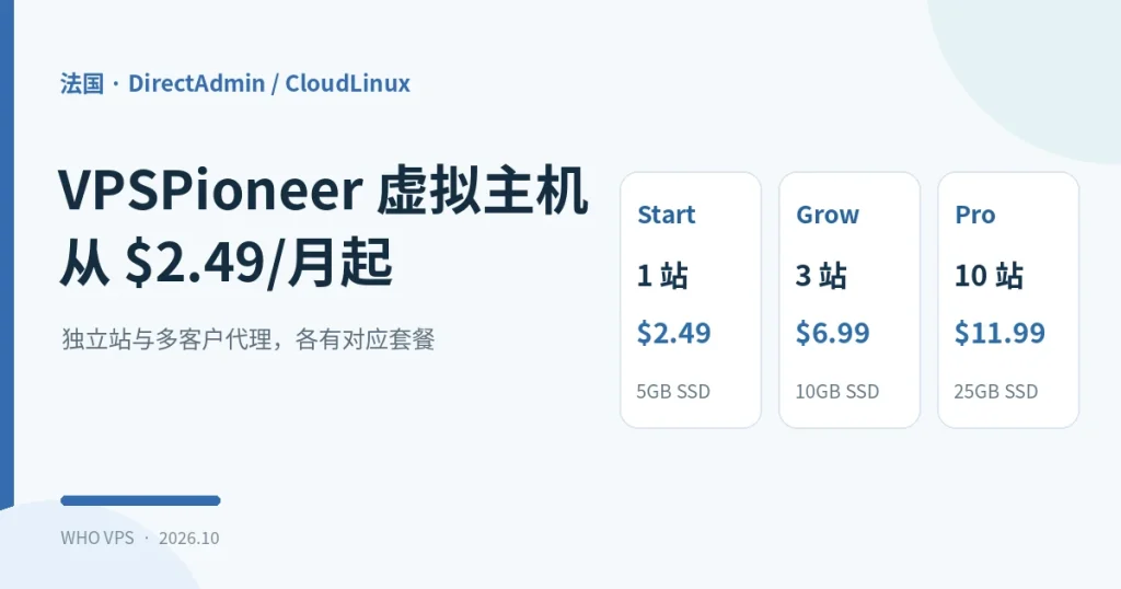 VPSPioneer Start、Grow、Pro 共享主机套餐比较