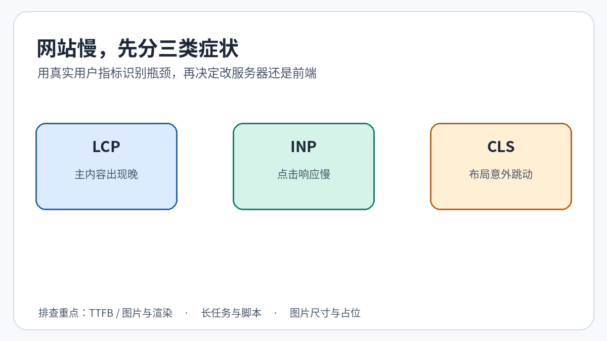 网站速度问题诊断流程：先测 LCP INP CLS，再分别检查首屏、交互与布局