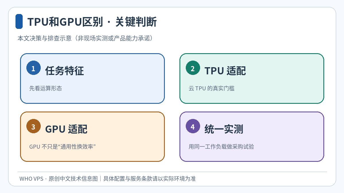 任务特征、TPU 适配、GPU 适配、统一实测四个环节的TPU和GPU区别判断示意图