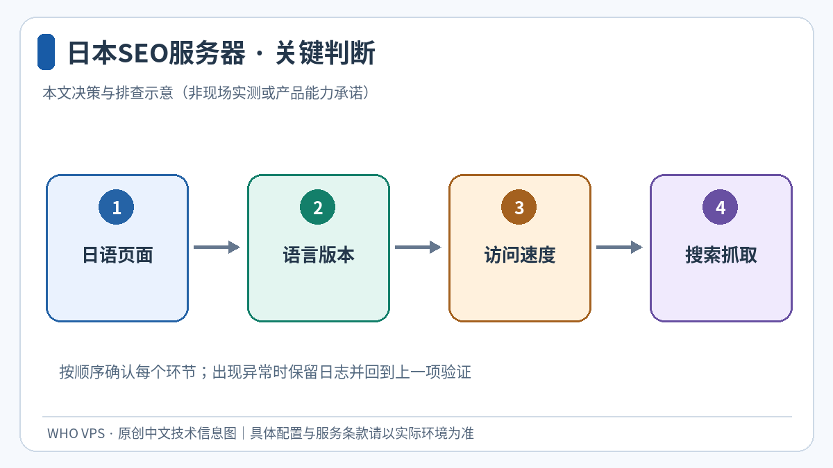 日语页面、语言版本、访问速度、搜索抓取四个环节的日本SEO服务器判断示意图