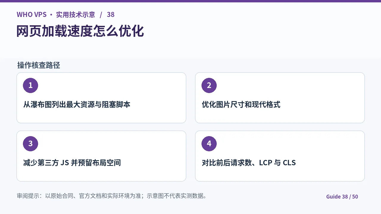 网页加载速度优化的四阶段核查步骤示意图