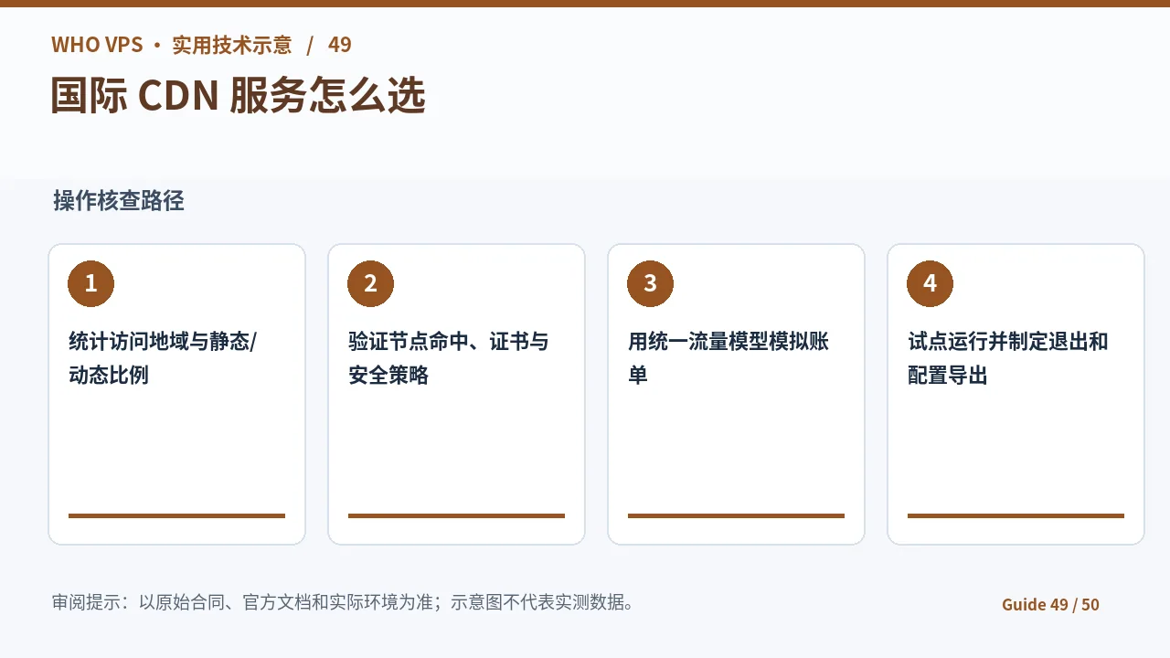国际CDN服务选择的四阶段核查步骤示意图